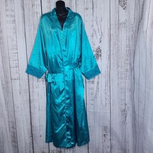 Full length long maxi satin silky teal bathrobe w/ lace trim, sash & pockets
